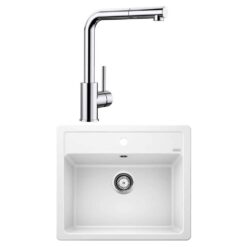 Blanco LEGRA 6 Granit Beyaz Evye, MILA-S Krom Spiralli Armatür Set