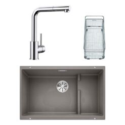 Blanco SUBLINE 700 U LEVEL Granit Alu Metallic Evye, MILA-S Krom Spiralli Armatür Set, Aksesuar hediyeli