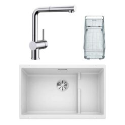 Blanco SUBLINE 700 U LEVEL Granit Beyaz Evye, LINUS-S Krom Spiralli Armatür Set, Aksesuar hediyeli