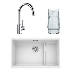 Blanco SUBLINE 700 U LEVEL Granit Beyaz Evye, MIDA-S Krom Spiralli Armatür Set, Aksesuar hediyeli