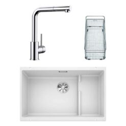 Blanco SUBLINE 700 U LEVEL Granit Beyaz Evye, MILA-S Krom Spiralli Armatür Set, Aksesuar hediyeli